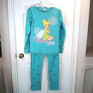 Disney Tinkerbell Girls Teal Winter Snowflakes Graphics Pajamas Size L